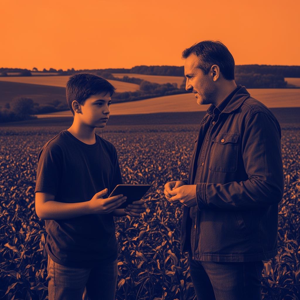 Young person on a farm holding a tablet next to an agronomist with rolling fields behind.