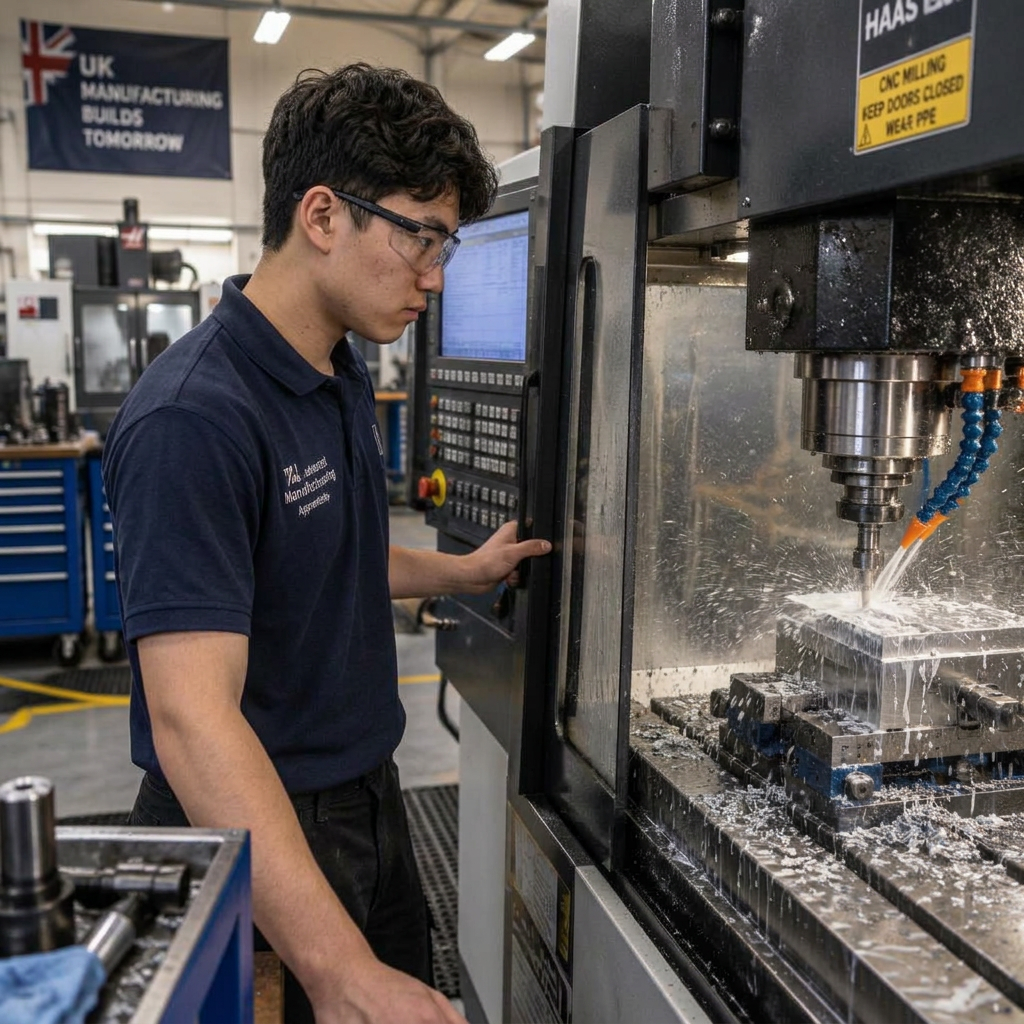 Young CNC machining apprentice operating a milling machine in a workshop