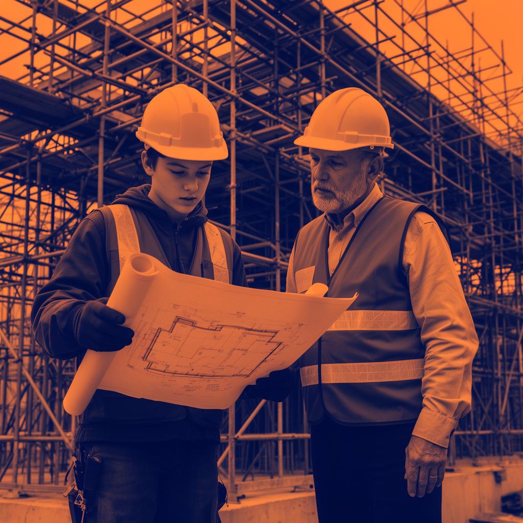 Young person in PPE reviewing site plans with a senior site engineer on a construction site.