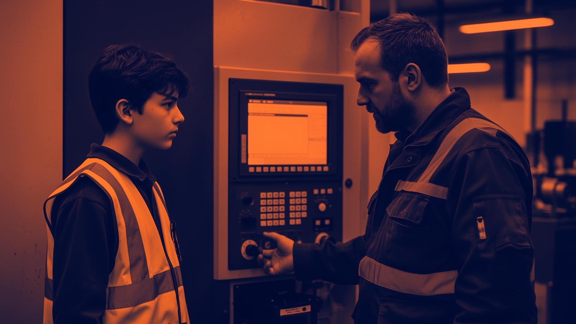 Teenage apprentice in a hi-vis vest learning from a senior engineer at an industrial control panel.