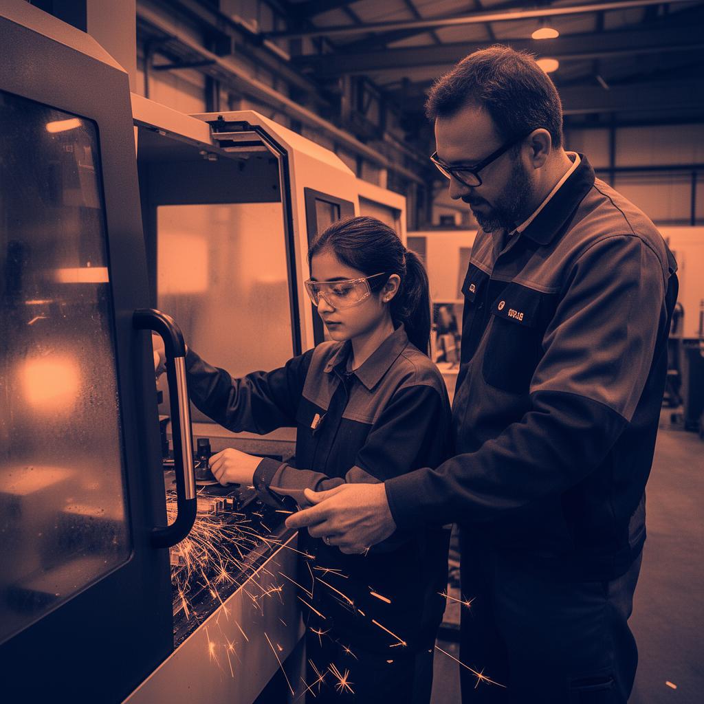 Apprentice operating a CNC machine alongside a senior engineer on a manufacturing floor.