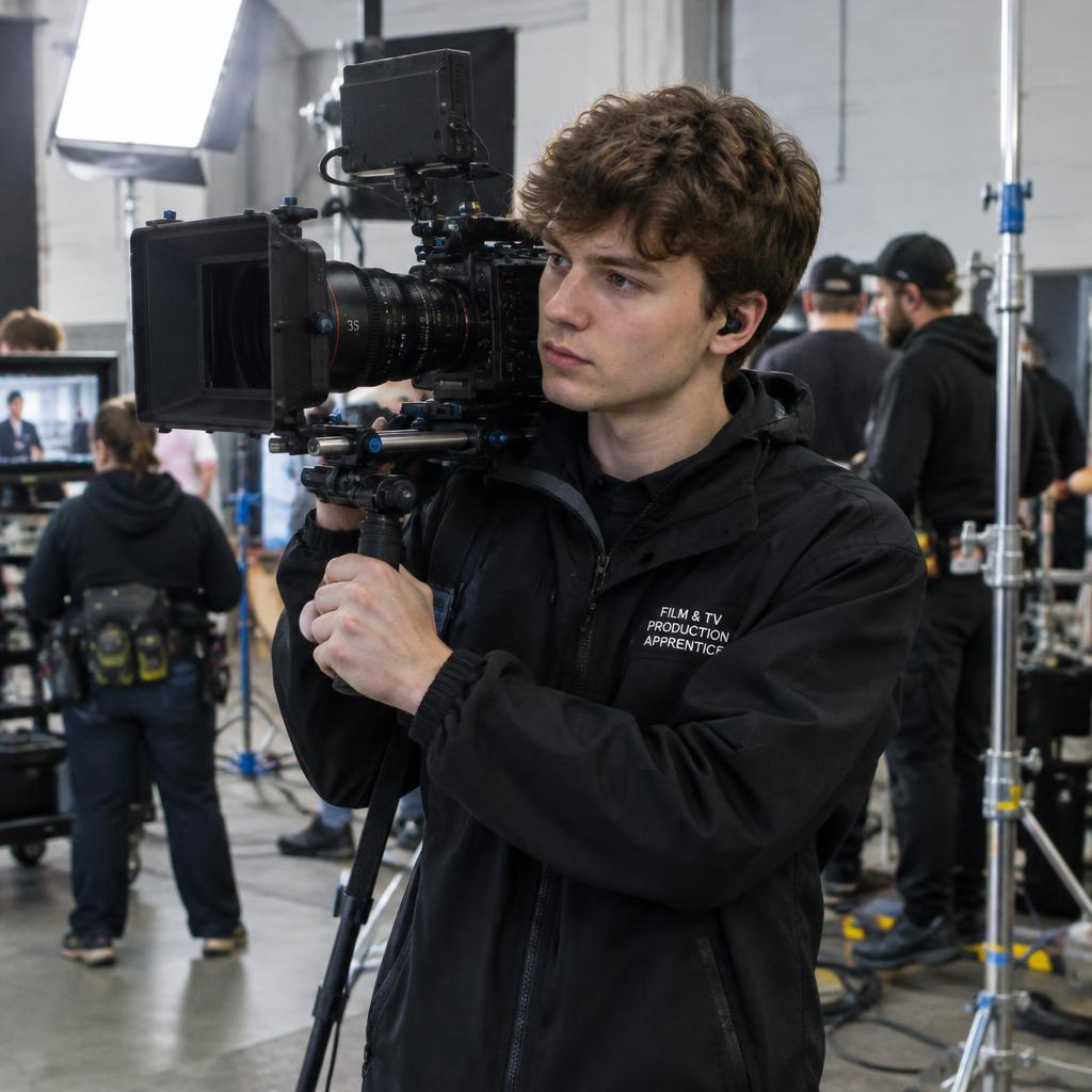 Young film and TV production apprentice operating a camera on set