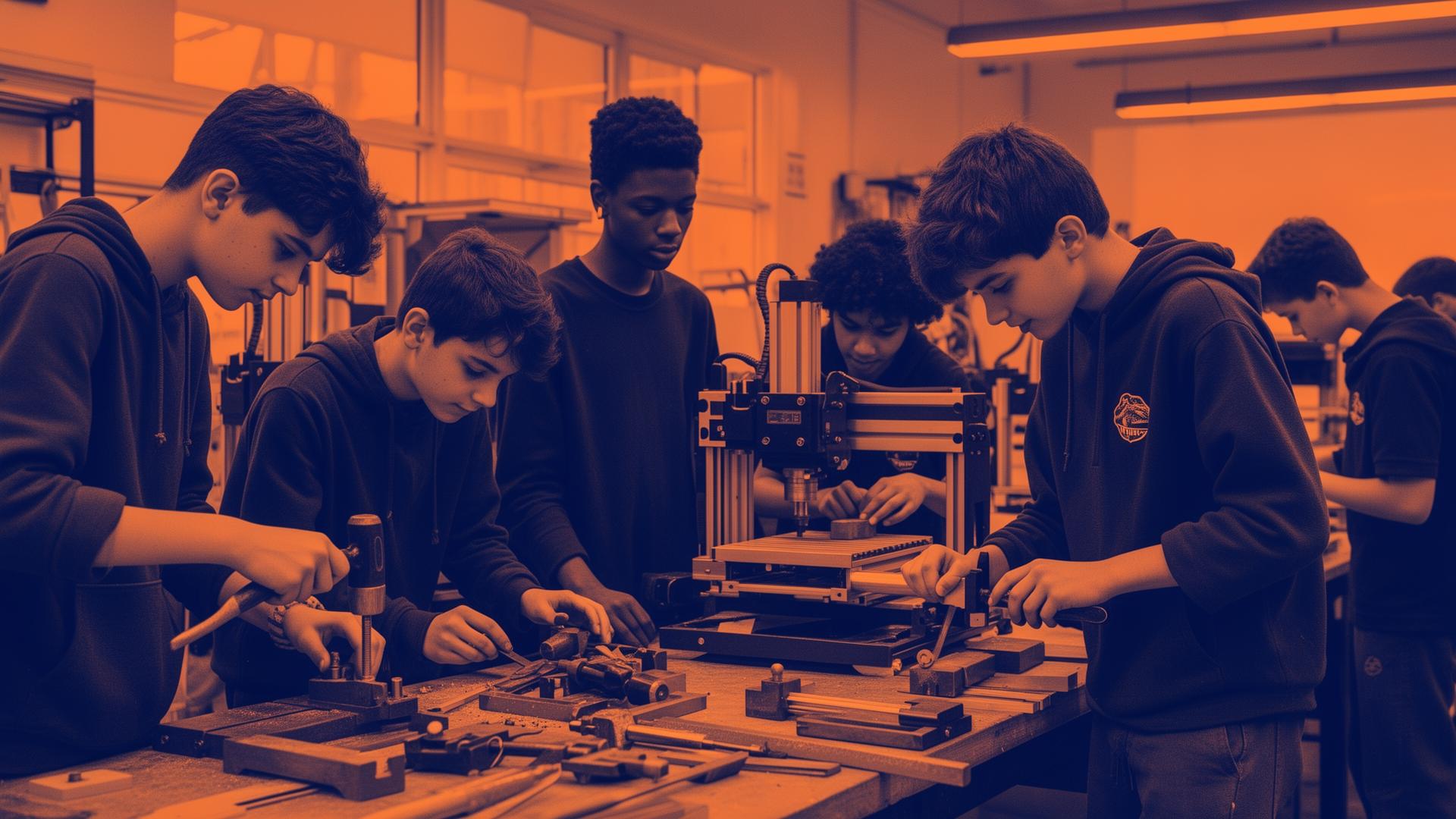 Diverse group of teenage students completing basic industry training in a school workshop using hand tools and CNC equipment.