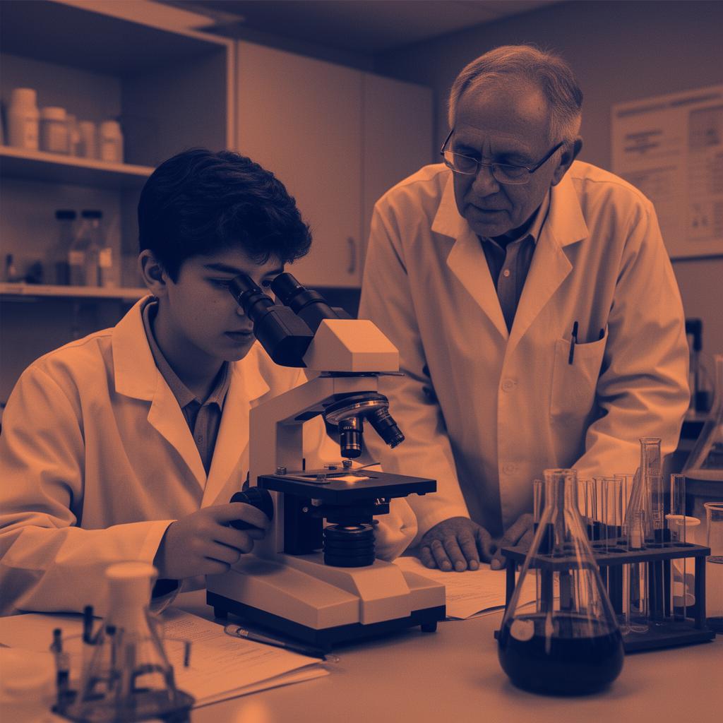 Teenage student using a microscope alongside a senior researcher in a STEM lab.