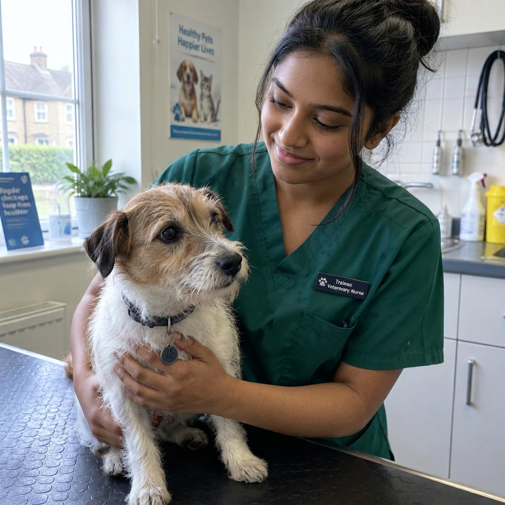 Young trainee veterinary nurse holding a small dog in a vet practice